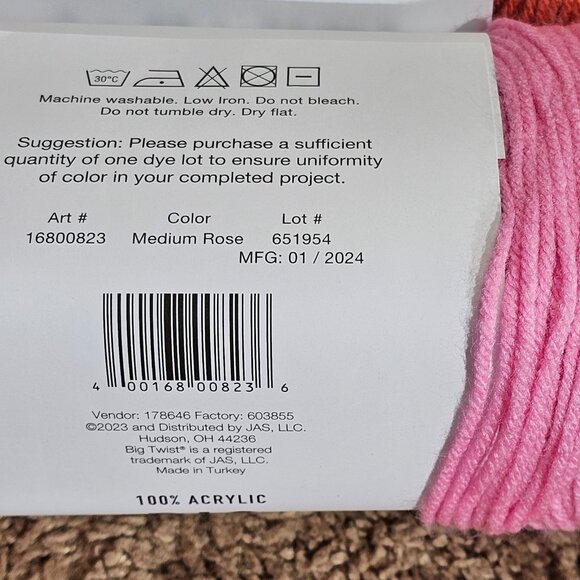 Lot of 3 Big Twist Value Yarn 380 Yds Each Baby Pink Dark Coral Med Rose Acrylic - Picture 5 of 5